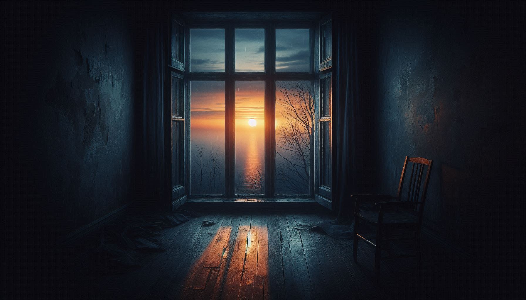 HAY  una ventana, a través de la cual se ve todo triste y oscuro y en el horizonte se ve el o...jpeg